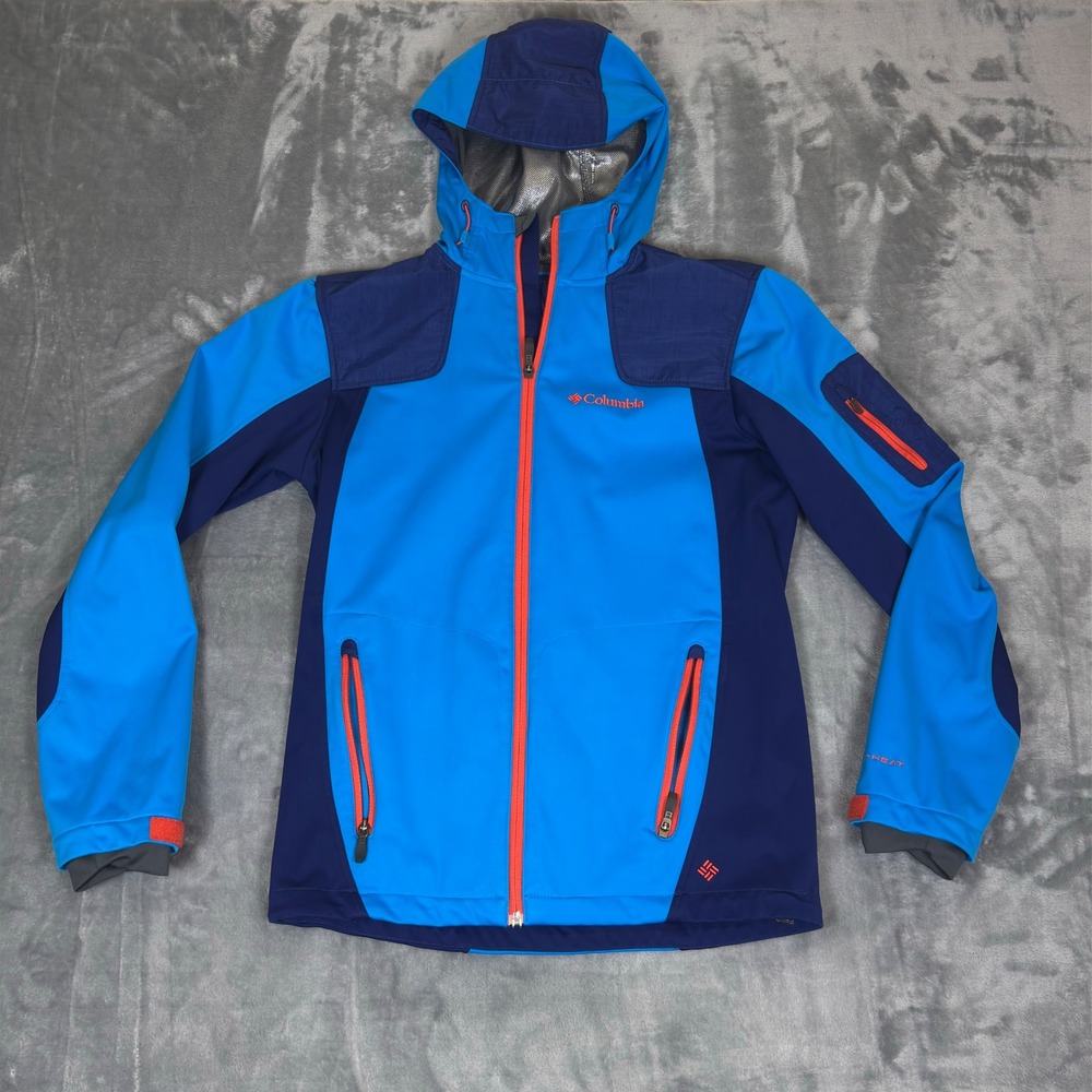 Columbia Softshell Jacket Mens Small Blue Omni-Heat Hooded Full Zip Hiking Coat